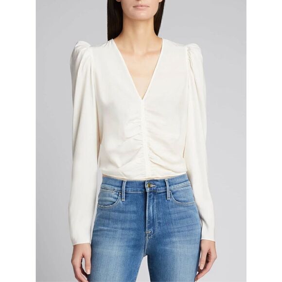 Frame NWT !! Off-White Sz Medium V-Neck Ruched Long-Sleeve Blouse - Picture 13 of 14